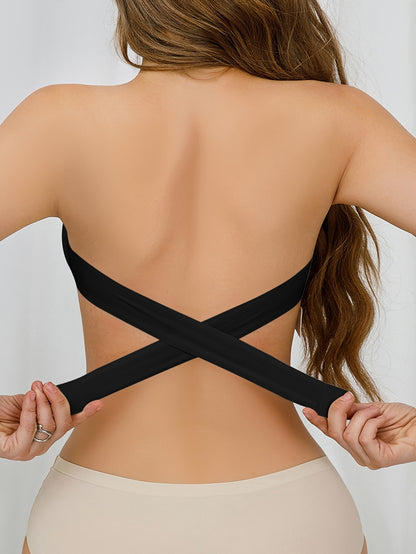Wireless Bandeau Bralette with Side Closure, Sexy Strapless Nylon Knit Fabric - Removable Padding, Cross Strap Detail, Solid Color Stretch Bandeau for Adults - Nylon 75%, Elastane 25% - HaaTFooT