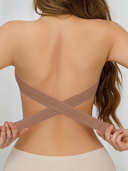 Wireless Bandeau Bralette with Side Closure, Sexy Strapless Nylon Knit Fabric - Removable Padding, Cross Strap Detail, Solid Color Stretch Bandeau for Adults - Nylon 75%, Elastane 25% - HaaTFooT