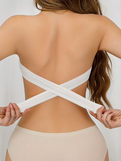 Wireless Bandeau Bralette with Side Closure, Sexy Strapless Nylon Knit Fabric - Removable Padding, Cross Strap Detail, Solid Color Stretch Bandeau for Adults - Nylon 75%, Elastane 25% - HaaTFooT