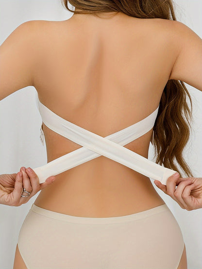 Wireless Bandeau Bralette with Side Closure, Sexy Strapless Nylon Knit Fabric - Removable Padding, Cross Strap Detail, Solid Color Stretch Bandeau for Adults - Nylon 75%, Elastane 25% - HaaTFooT