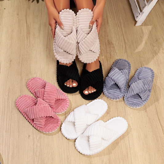 Ultra-Soft Fuzzy Open Toe Slippers - Crisscross Band Style - Cozy Indoor Shoes for Women - Solid Colors, Non-Slip, Breathable & Trendy