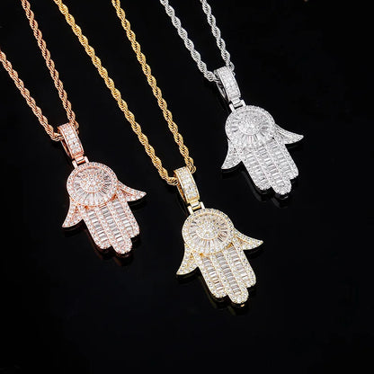 Hip Hop Claw Setting AAA+ Cubic Zirconia Bling Iced Out Hand of Fatima Pendants Necklaces for Men Rapper Jewelry Drop Shipping - HaaTFooT