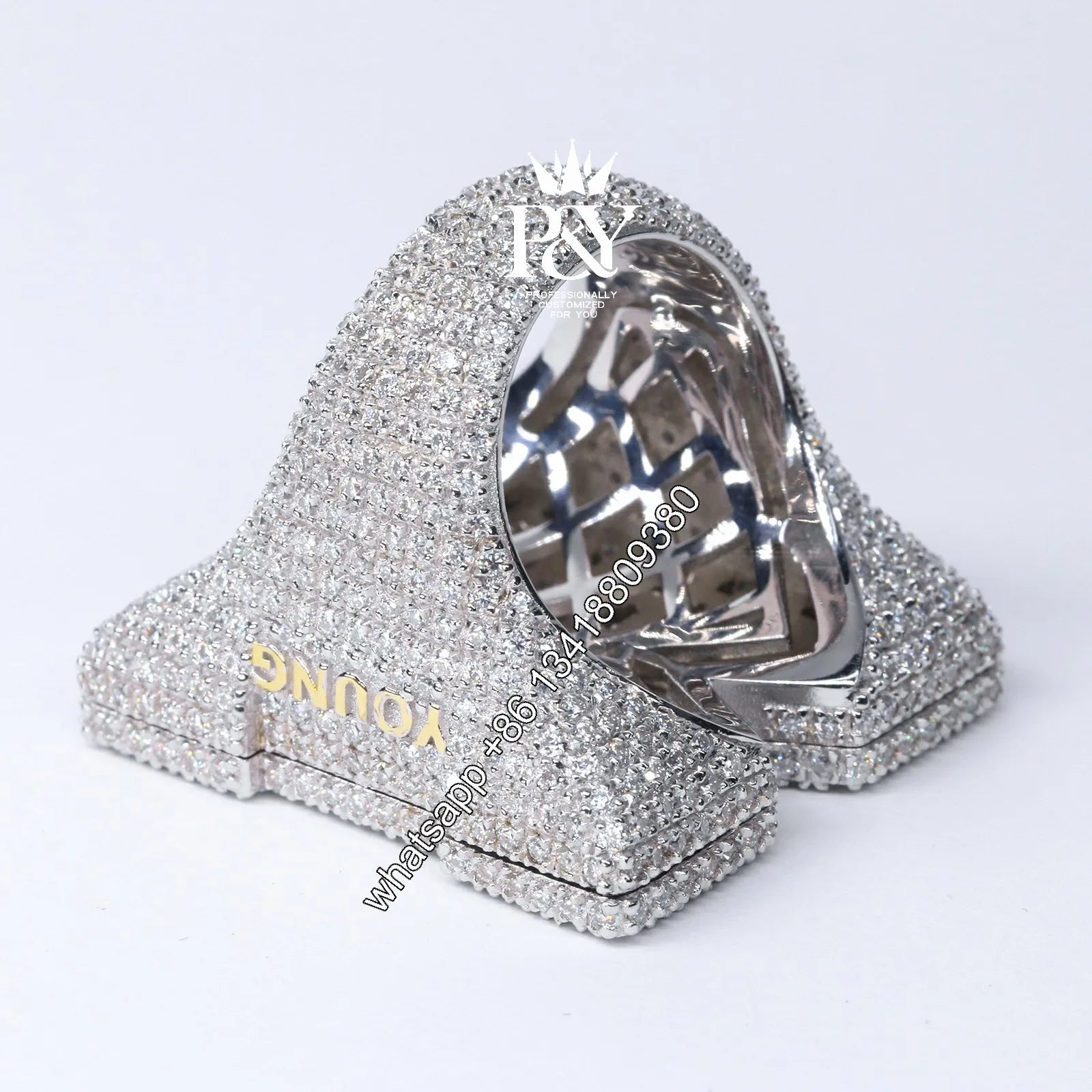 JEWE Customized 925 Sterling Silver Baguette Emerald Cut Diamond Iced Out Hand Setting Custom Vvs Moissanite Initial Letter Ring - HaaTFooT