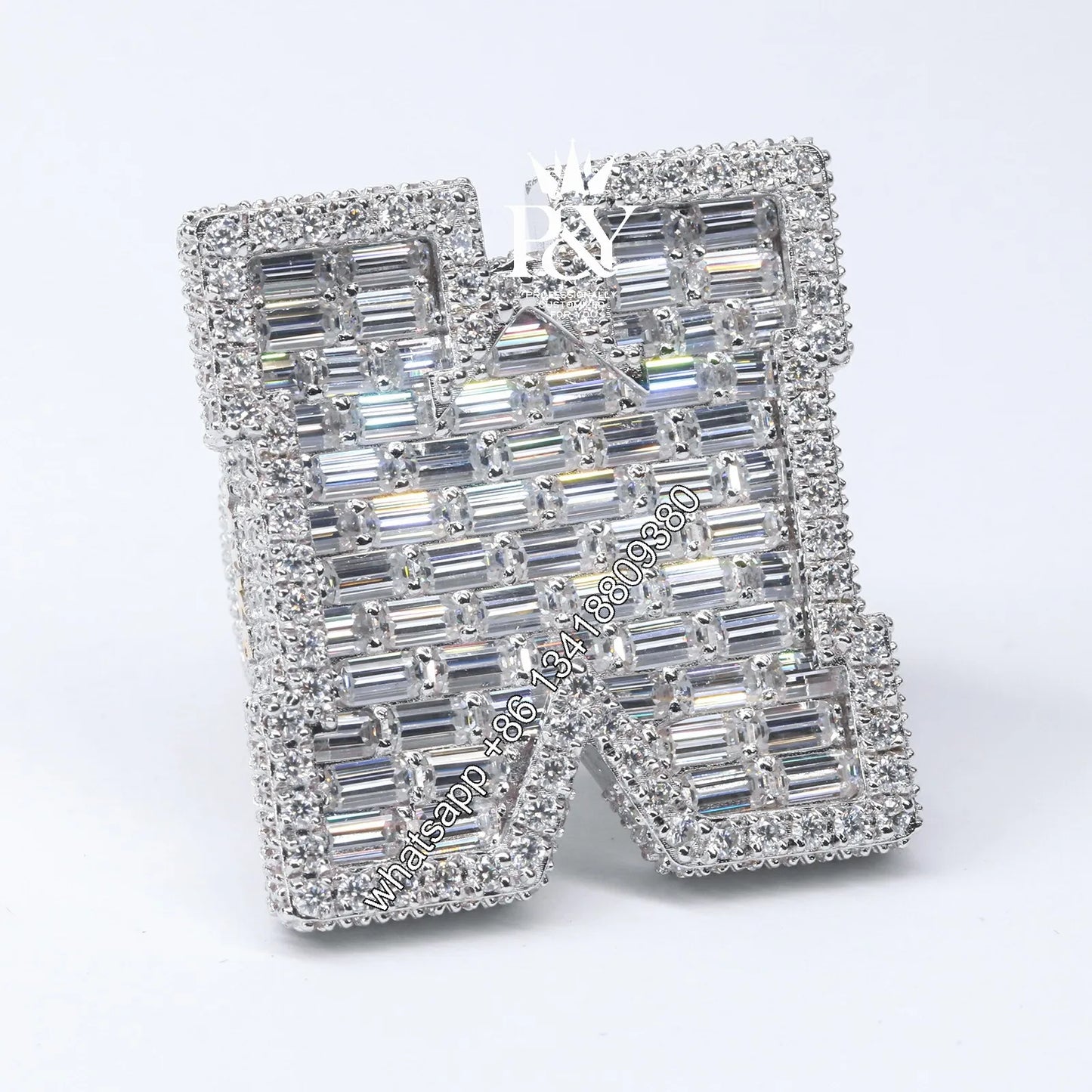 JEWE Customized 925 Sterling Silver Baguette Emerald Cut Diamond Iced Out Hand Setting Custom Vvs Moissanite Initial Letter Ring - HaaTFooT