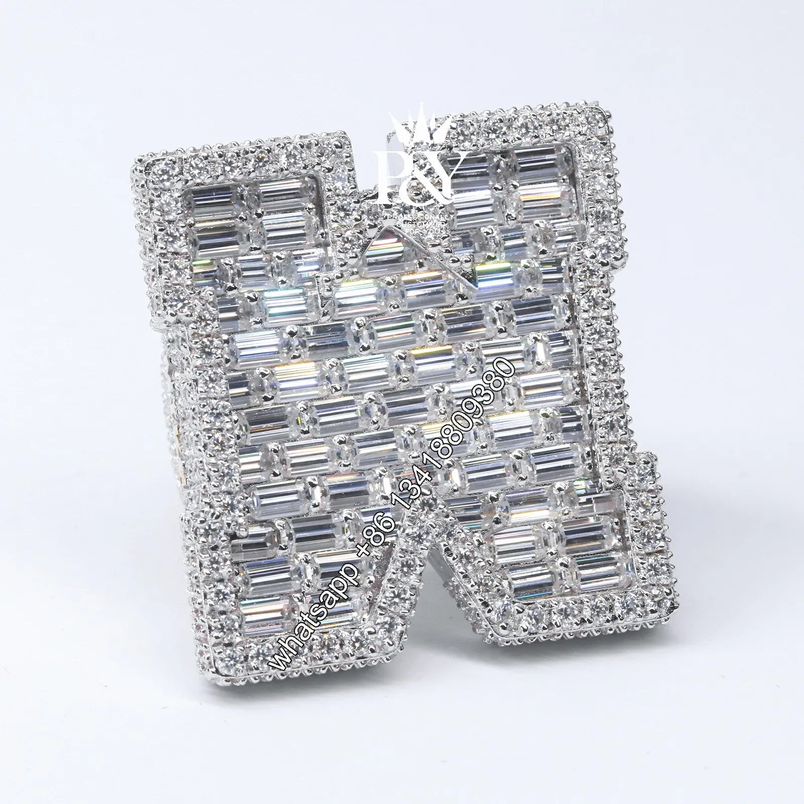 JEWE Customized 925 Sterling Silver Baguette Emerald Cut Diamond Iced Out Hand Setting Custom Vvs Moissanite Initial Letter Ring - HaaTFooT