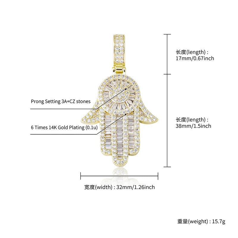 Hip Hop Claw Setting AAA+ Cubic Zirconia Bling Iced Out Hand of Fatima Pendants Necklaces for Men Rapper Jewelry Drop Shipping - HaaTFooT