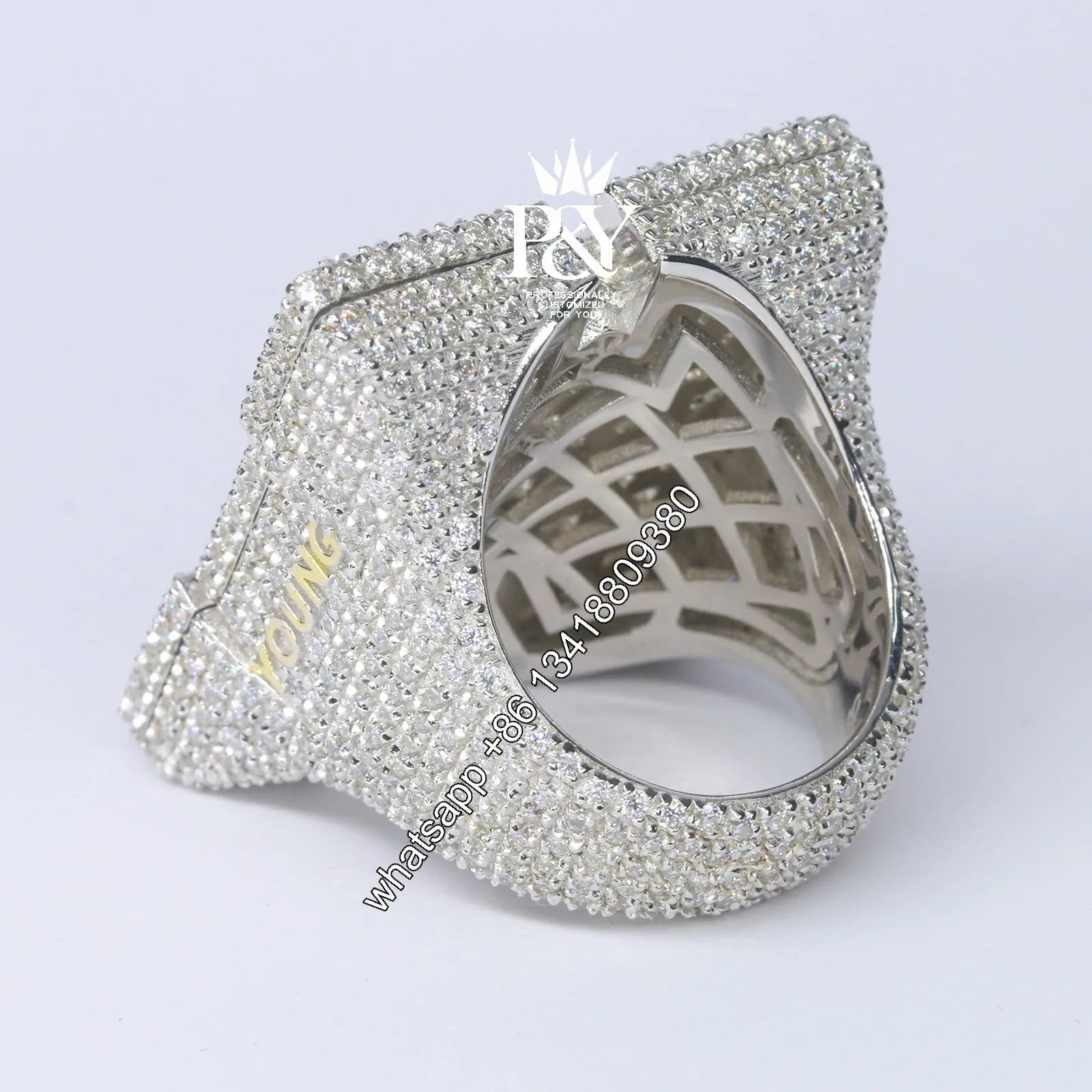 JEWE Customized 925 Sterling Silver Baguette Emerald Cut Diamond Iced Out Hand Setting Custom Vvs Moissanite Initial Letter Ring - HaaTFooT