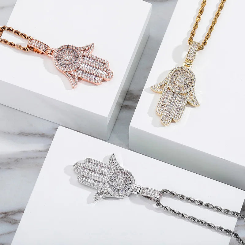Hip Hop Claw Setting AAA+ Cubic Zirconia Bling Iced Out Hand of Fatima Pendants Necklaces for Men Rapper Jewelry Drop Shipping - HaaTFooT