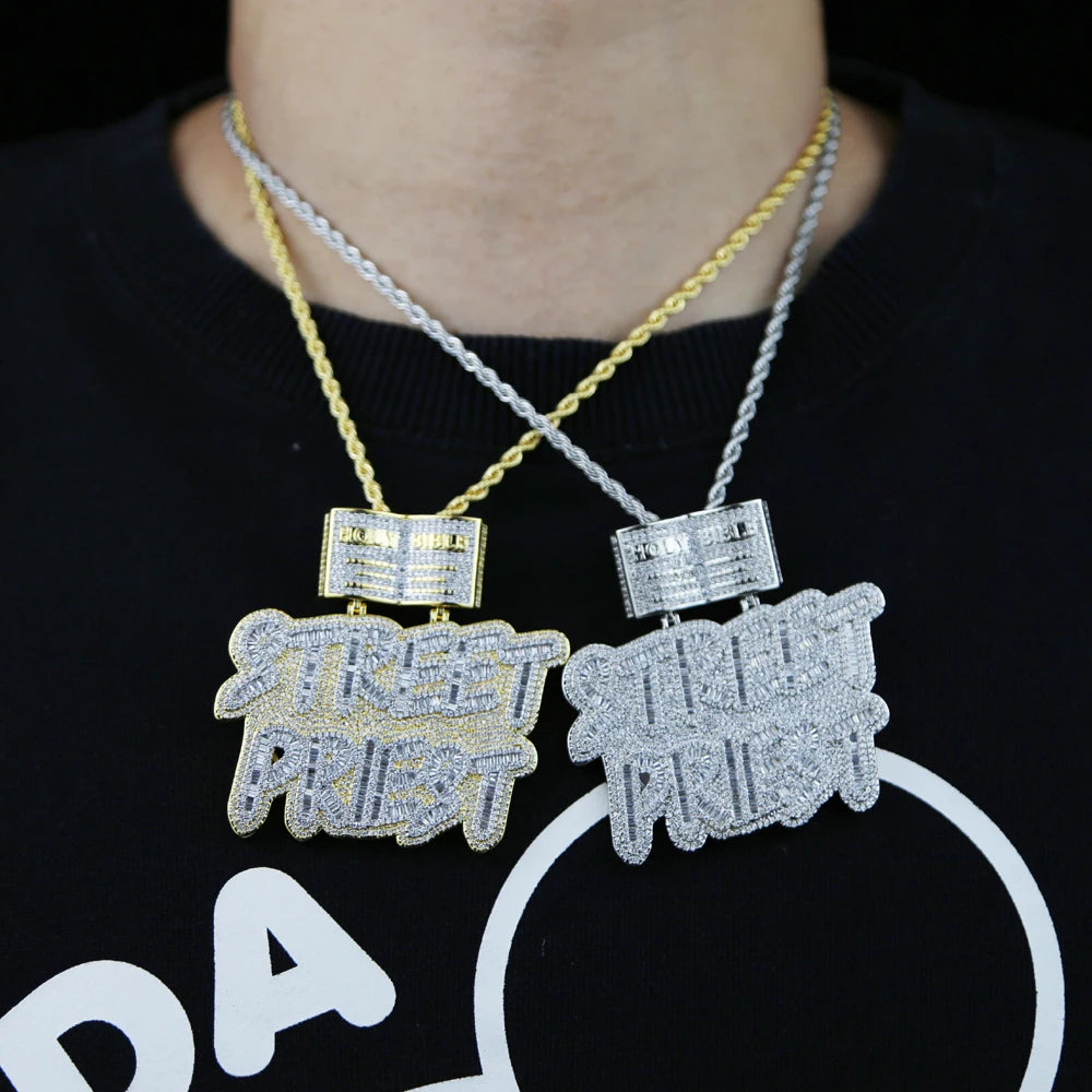 HipHop Inlaid 5A CZ Cubic Zircon Street Priest Letters Pendant Men's Necklace With High Quality Ice Out Bling Rope Chain Jewelry - HaaTFooT