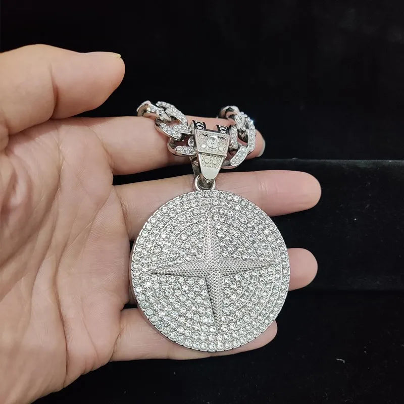 Men Women Hip Hop Round Pendant Necklace Crystal Cuban Chain Iced Out Bling HipHop Necklaces Fashion Charm Jewelry - HaaTFooT