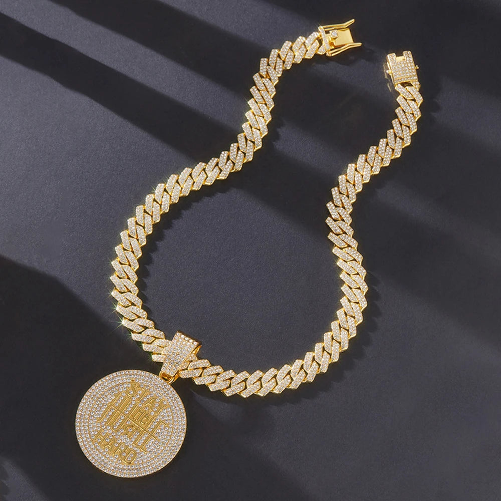 Hip Hop STAY HARD Letter Pendant Cuban Chain Necklace Punk Gold Color Iced Out Bling Necklaces Fashion Charm Men Women Jewelry - HaaTFooT