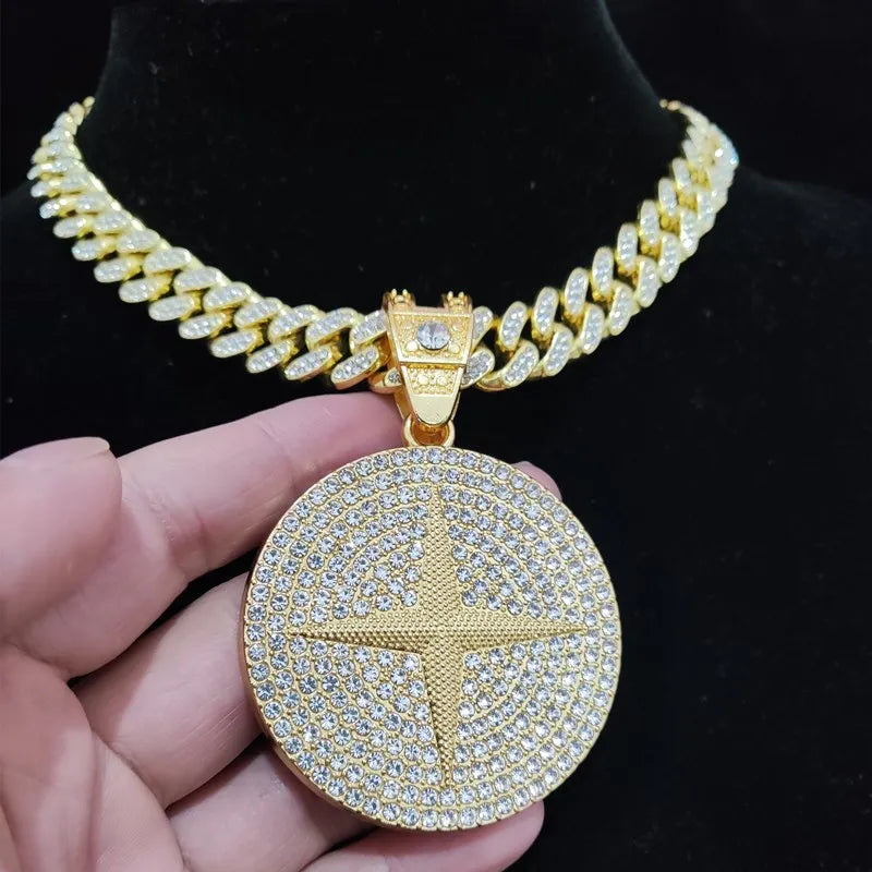 Men Women Hip Hop Round Pendant Necklace Crystal Cuban Chain Iced Out Bling HipHop Necklaces Fashion Charm Jewelry - HaaTFooT