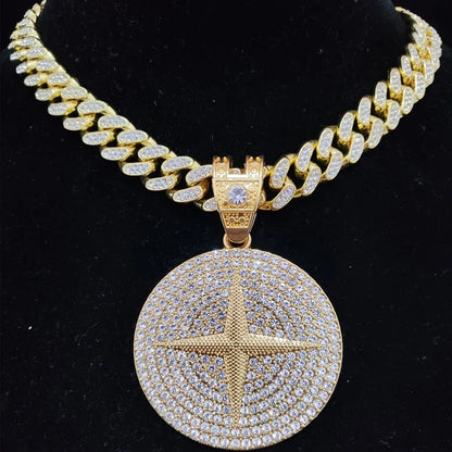 Men Women Hip Hop Round Pendant Necklace Crystal Cuban Chain Iced Out Bling HipHop Necklaces Fashion Charm Jewelry - HaaTFooT