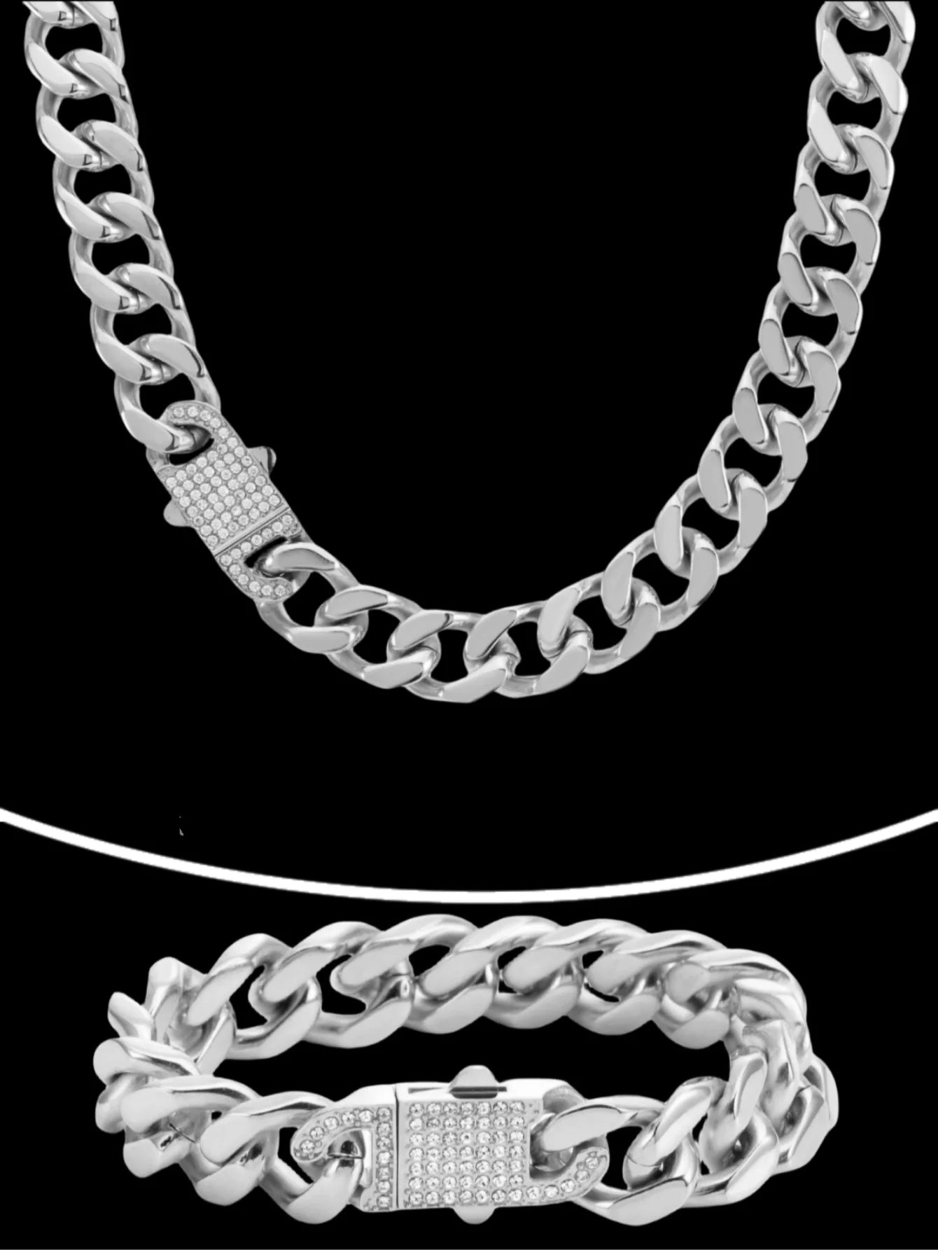 SDA Waterproof Jewelry Stainless Steel Link Cuban Chains Miami Gold Silver Two Color Iced Out CZ Clasp Bracelet Necklace - HaaTFooT