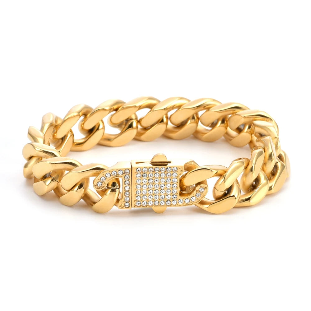 SDA Waterproof Jewelry Stainless Steel Link Cuban Chains Miami Gold Silver Two Color Iced Out CZ Clasp Bracelet Necklace - HaaTFooT