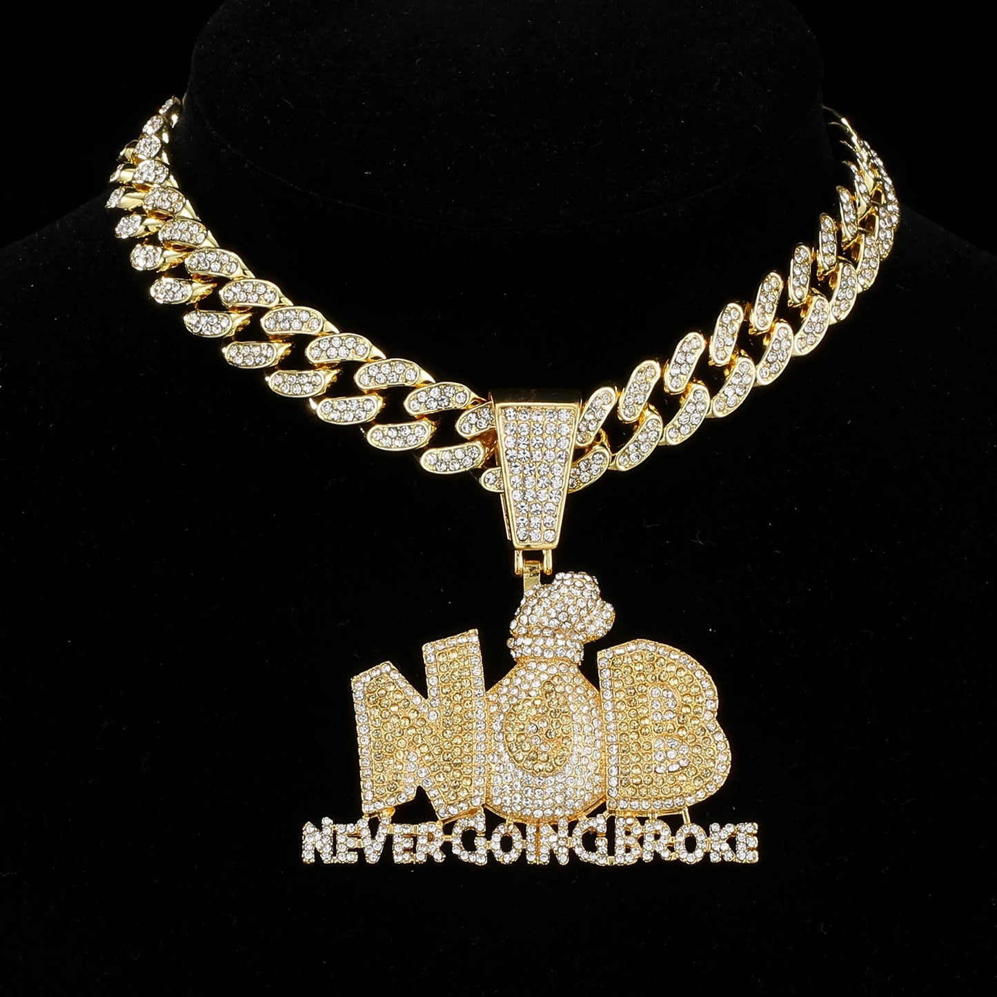 HIP Iced Out Letters Money Bags Pendants With 13mm Cuban Link Chain Rhinestone Necklaces For Men's Women Rapper Jewelry - HaaTFooT