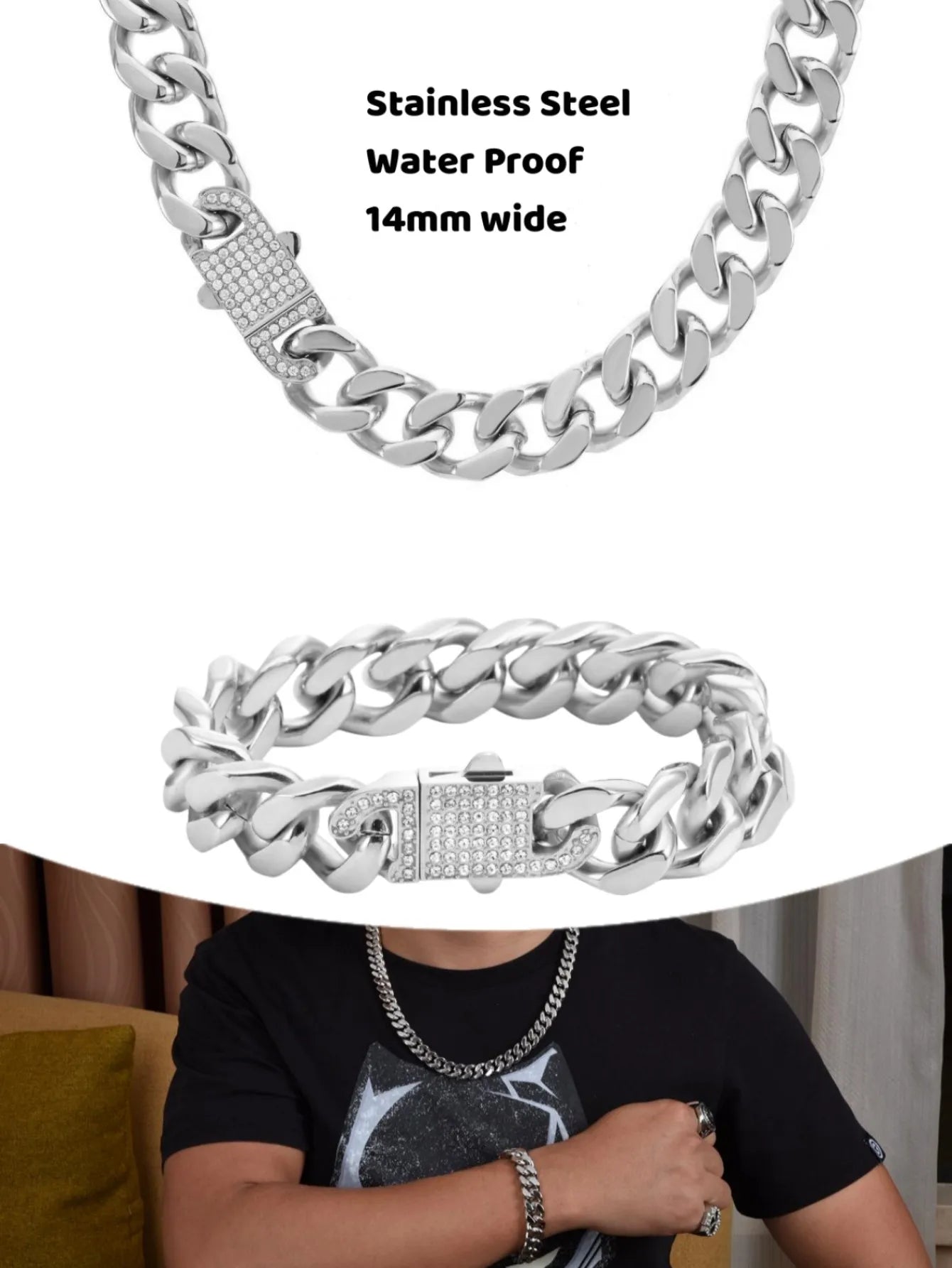SDA Waterproof Jewelry Stainless Steel Link Cuban Chains Miami Gold Silver Two Color Iced Out CZ Clasp Bracelet Necklace - HaaTFooT