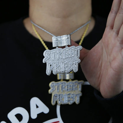 HipHop Inlaid 5A CZ Cubic Zircon Street Priest Letters Pendant Men's Necklace With High Quality Ice Out Bling Rope Chain Jewelry - HaaTFooT